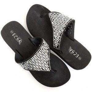 Ecsa Jeweled Rhinestones Flip Flops Thong Wedge Women's Black Sandals Size 9